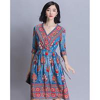 Women\'s Going out Beach Vintage Street chic A Line Dress, Print V Neck Above Knee ¾ Sleeve Silk Polyester Blue Spring Fall Mid Rise