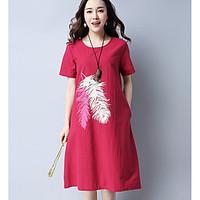 Women\'s Going out Casual/Daily Vintage Sheath Dress, Solid Embroidered Round Neck Above Knee Short Sleeve Cotton Summer Low Rise