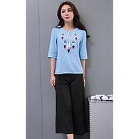 Women\'s Daily Simple Boho Summer T-shirt Pant Suits, Print Round Neck ½ Length Sleeve Micro-elastic