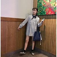 Women\'s Daily Loose Dress, Checks Round Neck Mini Long Sleeve Others Spring Fall Mid Rise Inelastic Medium