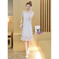 Women\'s Valentine Going out Cute A Line Lace Dress, Floral Round Neck Midi Short Sleeve Lace Summer Mid Rise Inelastic Medium