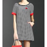 Women\'s Casual/Daily Simple Loose Shift Dress, Striped Round Neck Mini Above Knee Short Sleeve %Wool10%Mulberry silk Summer Mid Rise