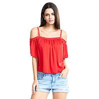 Women\'s Casual/Daily Street chic Summer T-shirtSolid Strap Short Sleeve Red / Black Cotton Opaque