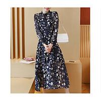 Women\'s Other Casual A Line Dress, Floral Round Neck Maxi Long Sleeve Silk Spring Fall Mid Rise Micro-elastic Thin