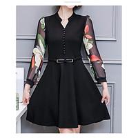 Women\'s Other Casual A Line Dress, Solid Print Round Neck Above Knee Long Sleeve Lace Spring Fall High Rise Micro-elastic Medium