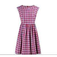 Women\'s Party Skater Dress, Solid Plaid/Check Round Neck Midi Sleeveless Cotton Summer Mid Rise Micro-elastic Medium