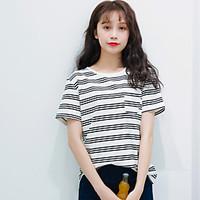 Women\'s Casual/Daily Simple Spring Summer T-shirt, Striped Round Neck Short Sleeve Cotton Thin