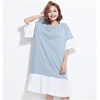 Women\'s Casual/Daily Cute Loose Dress, Solid Round Neck Knee-length ½ Length Sleeve Cotton Summer Mid Rise Micro-elastic Thin