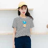 Women\'s Casual/Daily Cute Spring Summer T-shirt, Striped Print Round Neck Short Sleeve Cotton Thin