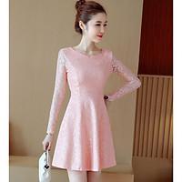 Women\'s Special Occasion Casual A Line Dress, Solid Round Neck Above Knee Long Sleeve Lace Spring Summer High Rise Micro-elastic Medium