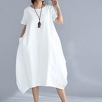 Women\'s Casual/Daily Sheath Dress, Solid Round Neck Midi Short Sleeve Cotton Summer Mid Rise Inelastic Medium