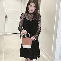 womens casualdaily lace dress solid round neck above knee long sleeve  ...