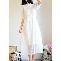 Women\'s Going out Casual/Daily Simple Cute Loose Sheath Dress, Solid Lace Round Neck Knee-length Above Knee Half-Sleeve Lace Spring Summer
