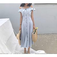 Women\'s Special Occasion Birthday Party Casual/Daily Vintage Swing Dress, Solid Off Shoulder Midi Slings Cotton Summer High Rise