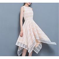 Women\'s Casual Simple Sheath Dress, Polka Dot Round Neck Knee-length Sleeveless Polyester Summer Mid Rise Micro-elastic Medium