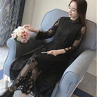 womens casualdaily lace dress solid jewel midi long sleeve cotton spri ...