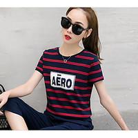 Women\'s Casual/Daily Simple Summer T-shirt Skirt Suits, Striped Round Neck Short Sleeve Micro-elastic