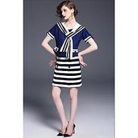 Women\'s Going out Casual/Daily Sexy Summer T-shirt Skirt Suits, Striped Round Neck Short Sleeve Micro-elastic
