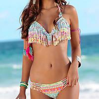 womens boho halter bikini color block tassels geometric polyester mult ...