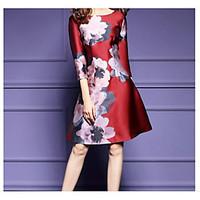 Women\'s Casual/Daily Skater Dress, Solid Floral Deep U Above Knee ½ Length Sleeve Silk Summer Mid Rise Micro-elastic Medium
