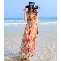 Women\'s Going out Swing Dress, Floral V Neck Maxi Sleeveless Polyester Summer High Rise Micro-elastic Thin