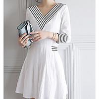 Women\'s Casual/Daily Simple Sheath Dress, Striped V Neck Midi Short Sleeve Cotton Spring Mid Rise Micro-elastic Thin