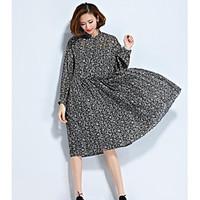Women\'s Going out Swing Dress, Print Round Neck Knee-length Long Sleeve Others Spring Summer Mid Rise Micro-elastic Thin