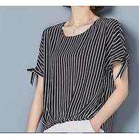 Women\'s Casual/Daily Simple Summer Blouse, Striped Round Neck Short Sleeve Cotton Thin