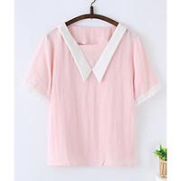Women\'s Casual/Daily Simple Cute Spring Summer Shirt, Patchwork Round Neck Short Sleeve Cotton Thin