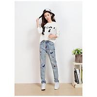 Women\'s High Rise Micro-elastic Jeans Pants, Simple Loose Solid