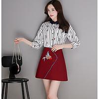 Women\'s Going out Sophisticated Summer Shirt Skirt Suits, Striped Shirt Collar 3/4 Length Sleeve