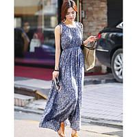 Women\'s Going out Swing Dress, Print Round Neck Maxi Sleeveless Cotton Summer Mid Rise Micro-elastic Thin