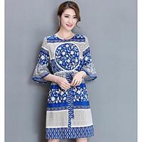 Women\'s Going out A Line Dress, Print Round Neck Knee-length ½ Length Sleeve Cotton Summer Mid Rise Micro-elastic Thin