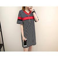Women\'s Casual/Daily A Line Dress, Striped Round Neck Above Knee Short Sleeve PU Summer Mid Rise Inelastic Thin