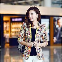 Women\'s Casual/Daily Club Sophisticated Spring Fall Blazer, Floral Round Neck Long Sleeve Regular Cotton