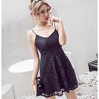 Women\'s Casual/Daily Lace Dress, Solid Strap Above Knee Sleeveless Cotton Summer High Rise Micro-elastic Thin