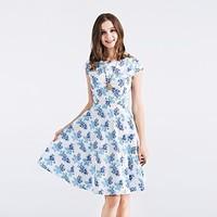 Women\'s Going out A Line Dress, Floral Round Neck Above Knee Short Sleeve Cotton Spring Mid Rise Micro-elastic Medium