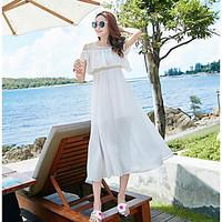 Women\'s Casual/Daily Simple Loose Dress, Solid Round Neck Midi Short Sleeve Cotton Summer High Rise Inelastic Thin