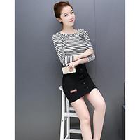 womens work street chic spring summer t shirt skirt suits striped roun ...