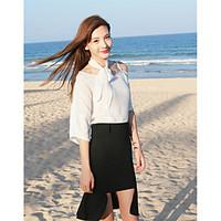 Women\'s Going out Beach Street chic Spring Summer Blouse Skirt Suits, Solid Round Neck ½ Length Sleeve Lace Micro-elastic