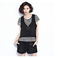 Women\'s Casual/Daily Cute Summer T-shirt Pant Suits, Solid Striped Round Neck Short Sleeve