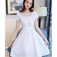 Women\'s Casual/Daily A Line Dress, Solid Round Neck Above Knee Short Sleeve Nylon Summer Mid Rise Micro-elastic Medium