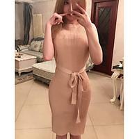 Women\'s Going out Casual/Daily Sheath Dress, Solid Strap Knee-length Sleeveless Polyester Summer Mid Rise Micro-elastic Medium