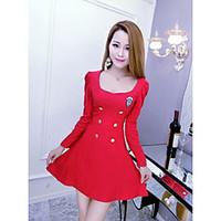 womens club simple a line dress solid round neck above knee long sleev ...