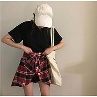Women\'s Casual/Daily Street chic Summer T-shirt Skirt Suits, Solid Plaid Round Neck Short Sleeve Inelastic