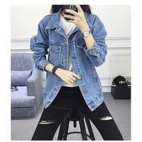 Women\'s Going out Casual/Daily Simple Street chic Spring Fall Denim Jacket, Solid Square Neck Long Sleeve Regular Cotton