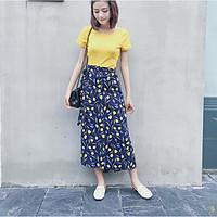Women\'s Going out Casual/Daily Vintage Simple Spring T-shirt Skirt Suits, Solid Round Neck Short Sleeve Chiffon Cotton Micro-elastic