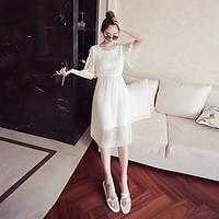 womens beach party simple loose chiffon dress solid round neck midi le ...