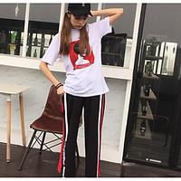 Women\'s Casual/Daily Street chic Spring Summer T-shirt Pant Suits, Solid Round Neck Short Sleeve