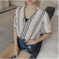 Women\'s Going out Casual/Daily Sexy Cute Street chic Summer Shirt, Striped V Neck Short Sleeve Linen Medium